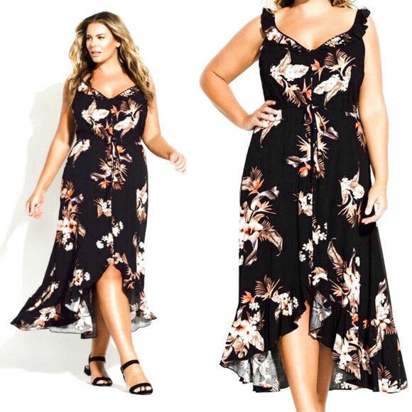 City Chic Dresses & Skirts - NWT CITY CHIC Seville Black Flower Time Ruffle Neck Sleeveless Midi Dress SZ 16
